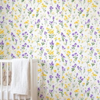 Wildflower Meadow Wallpaper in Purple and Yellow, Painterly Floral Peel and Stick Wallpaper, Removable Wall Mural for Nursery Accent Wall
