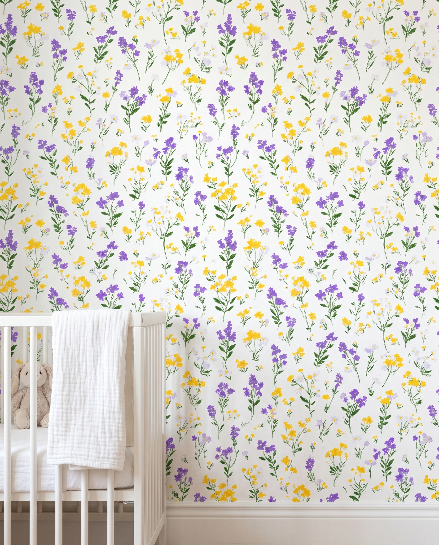 Wildflower Meadow Wallpaper in Purple and Yellow, Painterly Floral Peel and Stick Wallpaper, Removable Wall Mural for Nursery Accent Wall