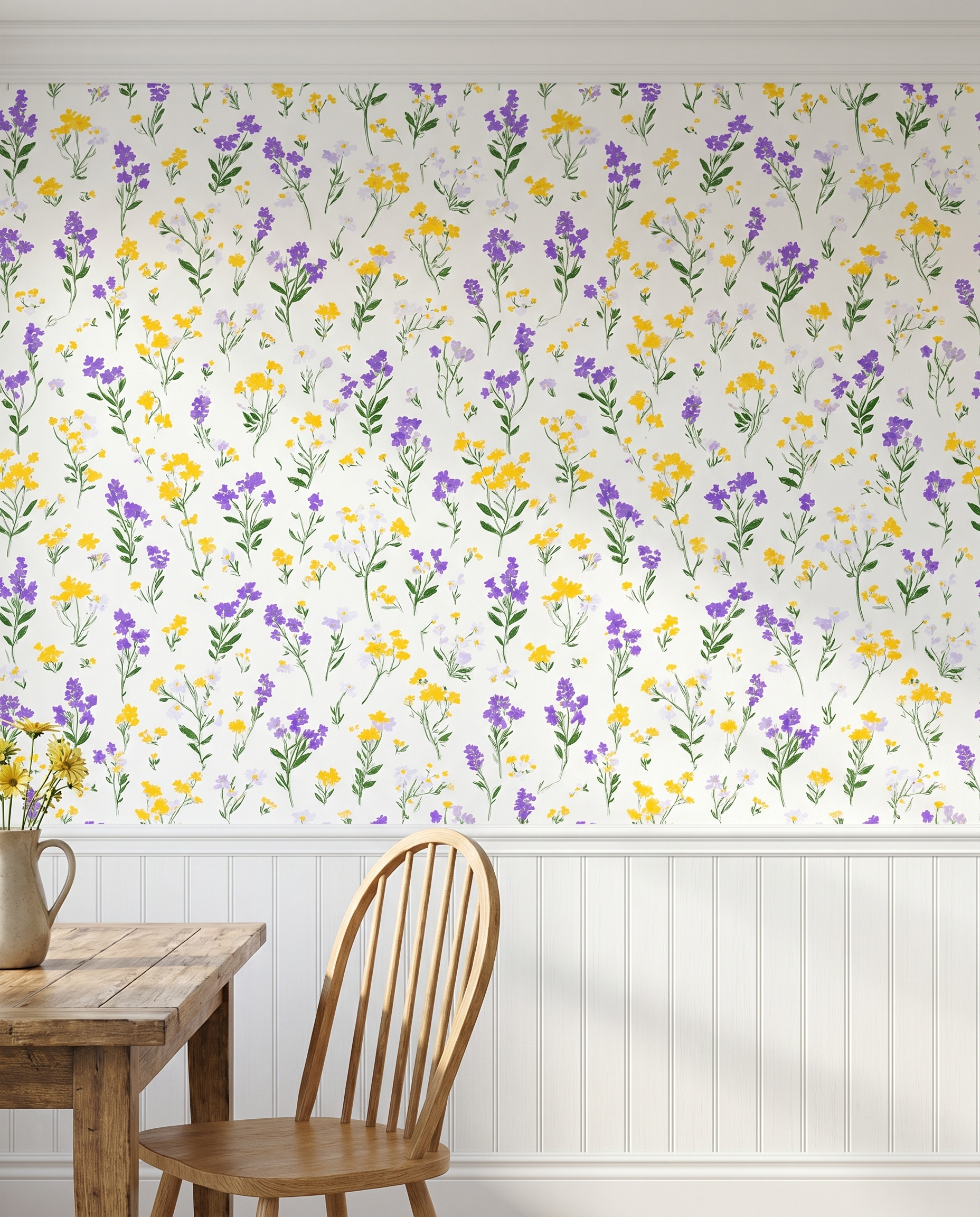 Wildflower Meadow Wallpaper in Purple and Yellow, Painterly Floral Peel and Stick Wallpaper, Removable Wall Mural for Nursery Accent Wall