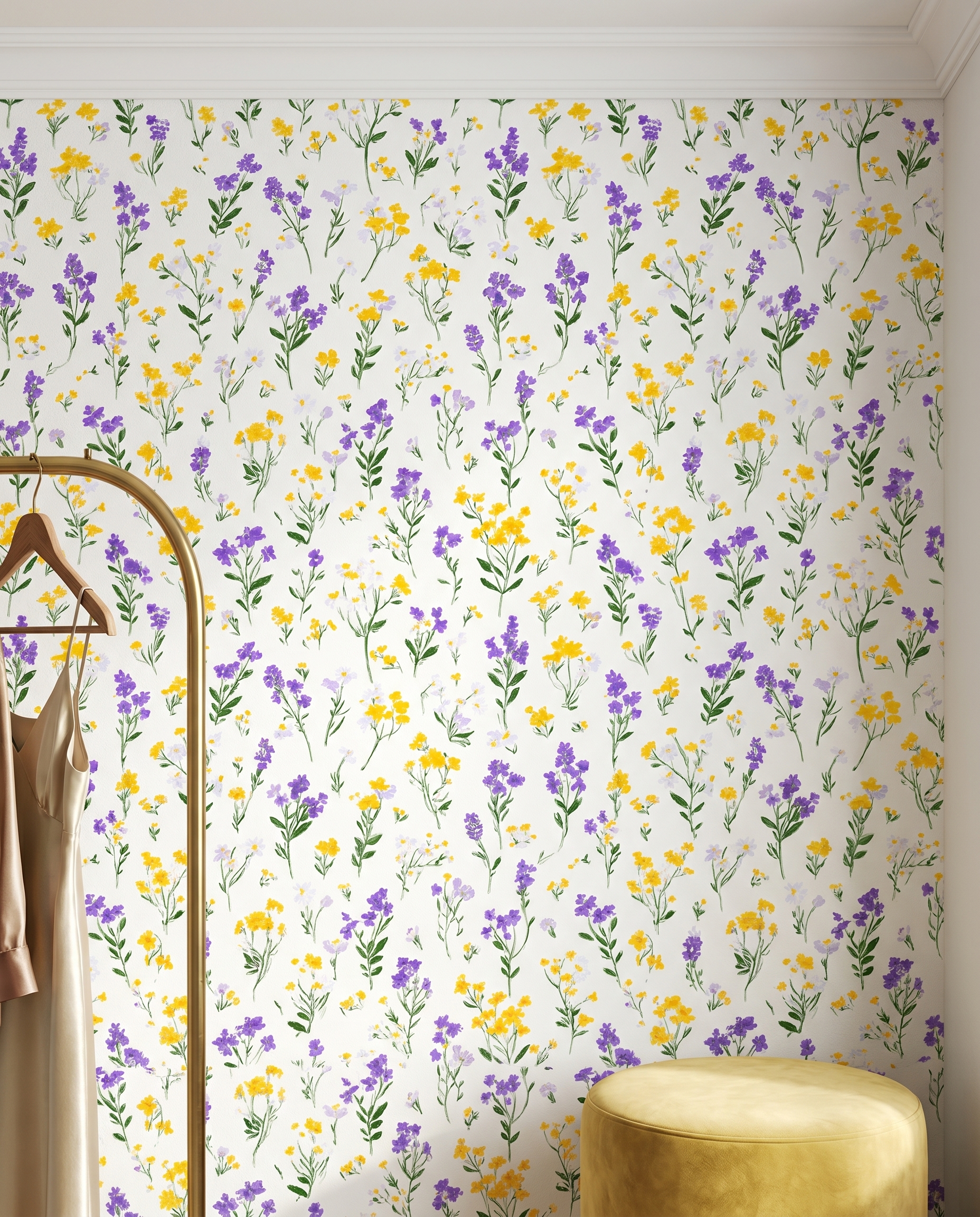 Wildflower Meadow Wallpaper in Purple and Yellow, Painterly Floral Peel and Stick Wallpaper, Removable Wall Mural for Nursery Accent Wall