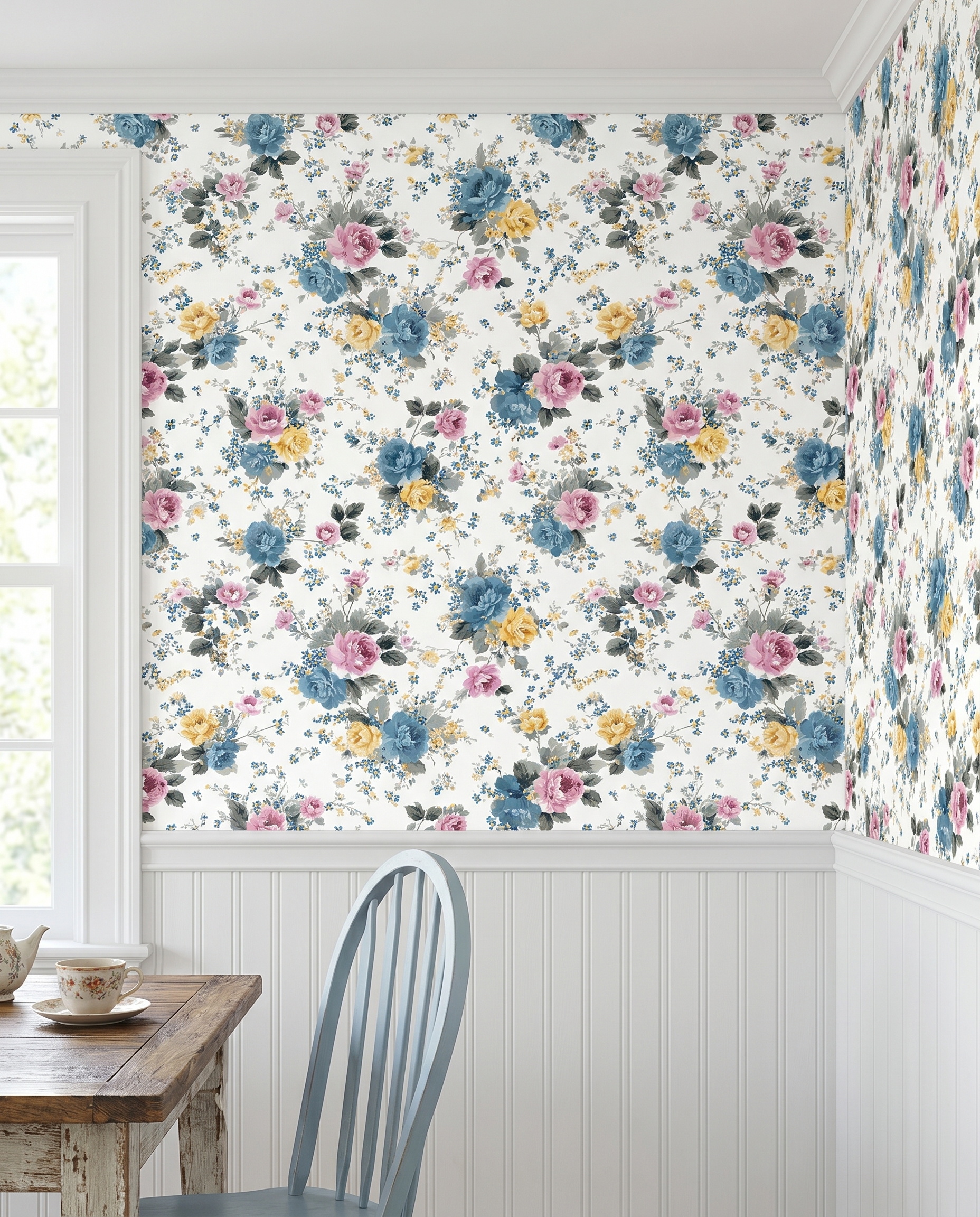 Vintage Floral Bouquet Wallpaper in Blue, Pink, and Yellow, Classic Chintz Peel and Stick Wallpaper, Removable for Bedroom Accent Wall