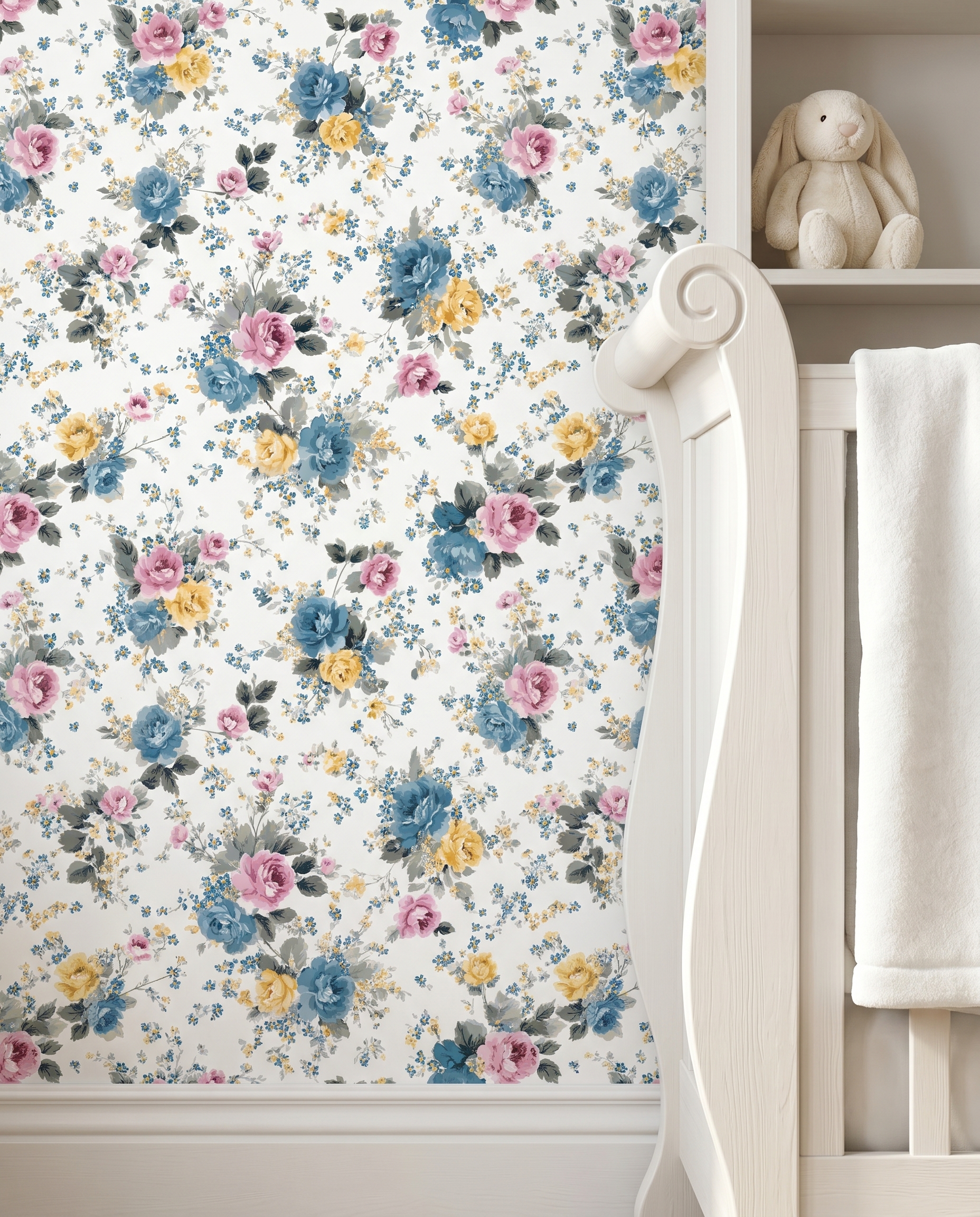 Vintage Floral Bouquet Wallpaper in Blue, Pink, and Yellow, Classic Chintz Peel and Stick Wallpaper, Removable for Bedroom Accent Wall