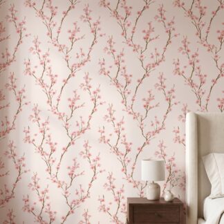 Cherry Blossom Chinoiserie Wallpaper in Pink, Peel and Stick Wallpaper, Removable Wall Mural for Bedroom Accent Wall, Nursery, Powder Room