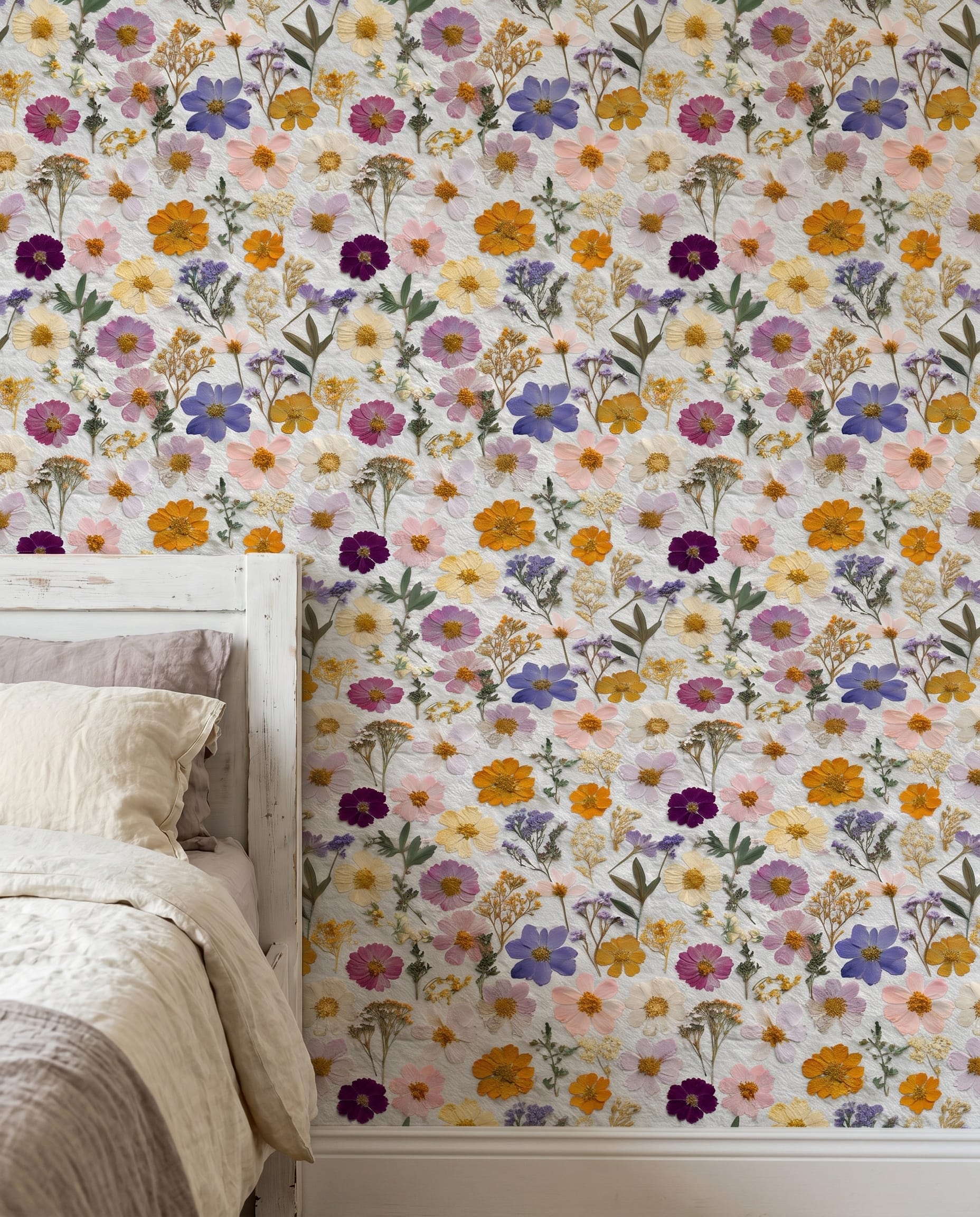 Pressed Wildflowers Vintage Botanical Multicolor Wallpaper, Removable Peel and Stick Wallpaper, Cottagecore Bedroom Accent Wall