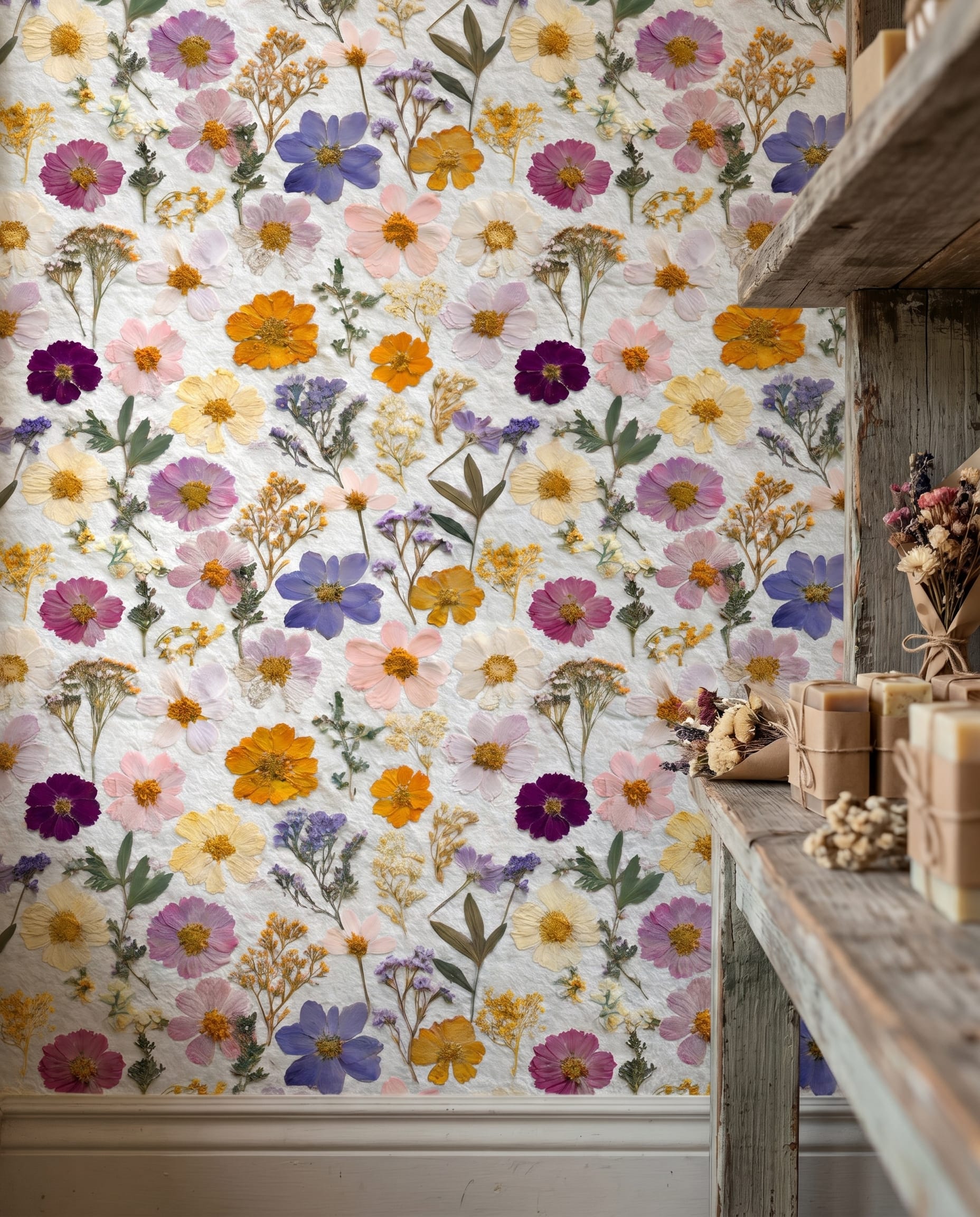 Pressed Wildflowers Vintage Botanical Multicolor Wallpaper, Removable Peel and Stick Wallpaper, Cottagecore Bedroom Accent Wall