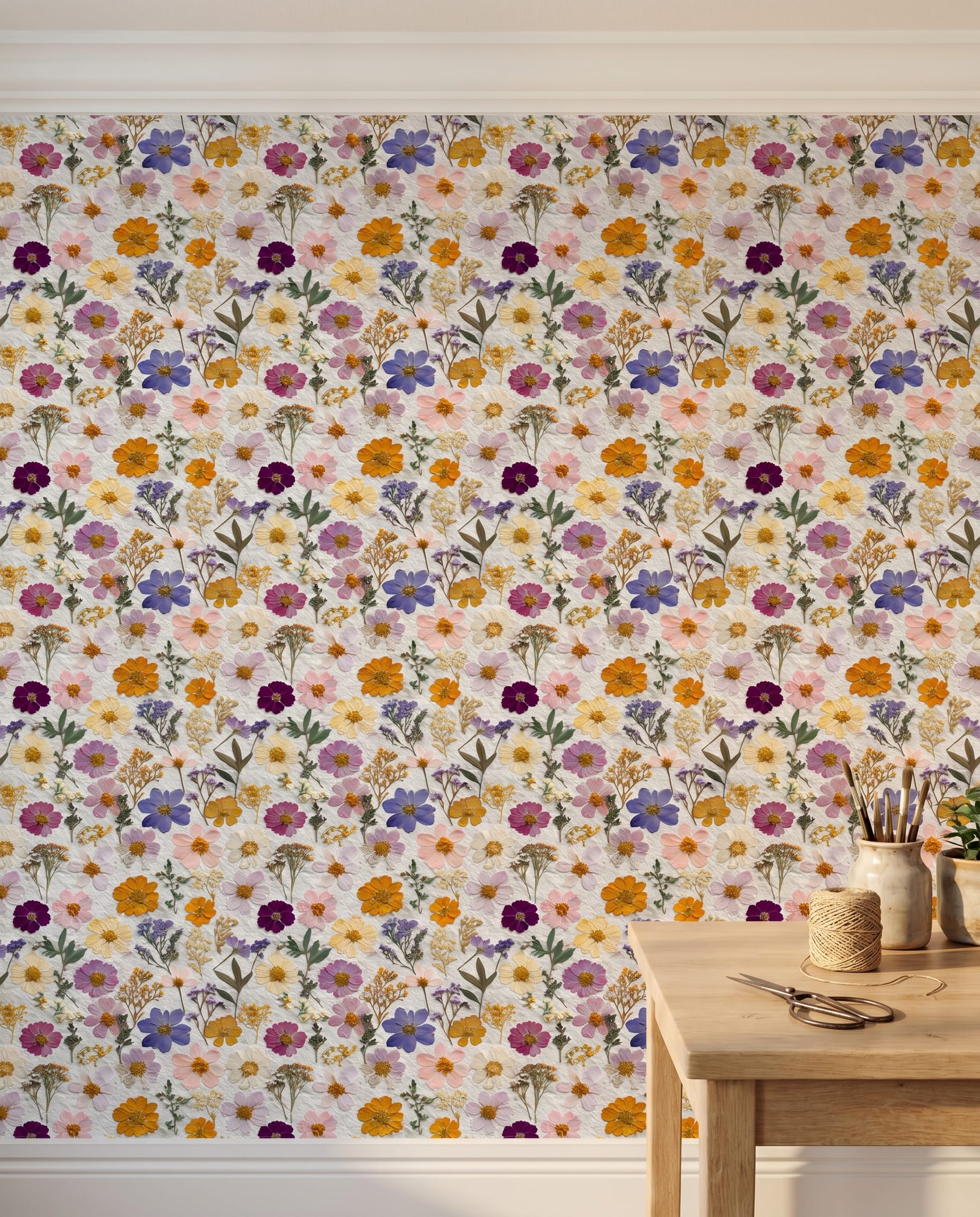 Pressed Wildflowers Vintage Botanical Multicolor Wallpaper, Removable Peel and Stick Wallpaper, Cottagecore Bedroom Accent Wall
