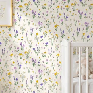 Hand-Drawn Wildflower Wallpaper in Purple and Yellow, Colorful Meadow Sketch Peel and Stick Wallpaper for Nursery or Kids Room Accent Wall