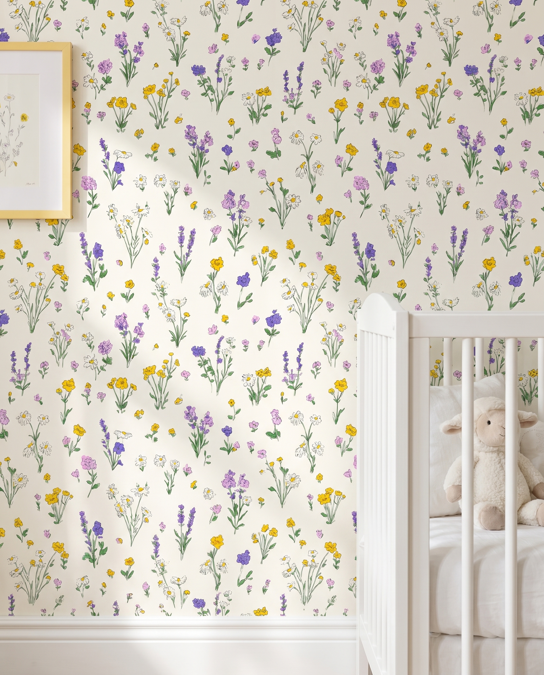 Hand-Drawn Wildflower Wallpaper in Purple and Yellow, Colorful Meadow Sketch Peel and Stick Wallpaper for Nursery or Kids Room Accent Wall