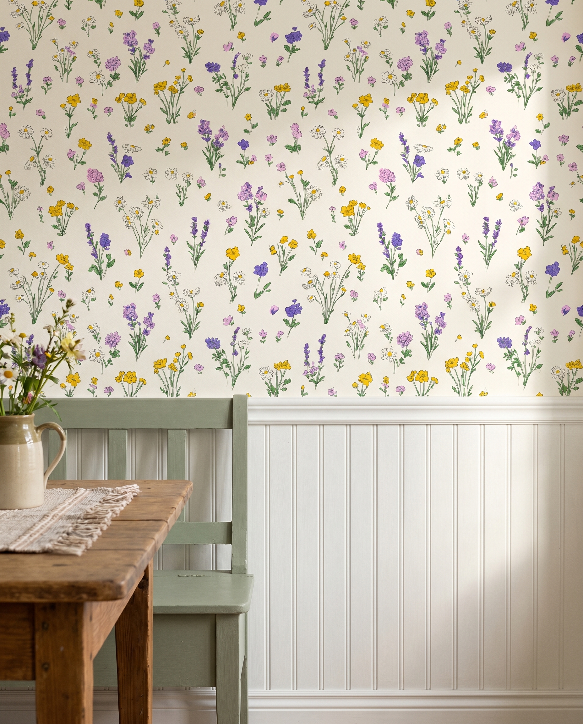 Hand-Drawn Wildflower Wallpaper in Purple and Yellow, Colorful Meadow Sketch Peel and Stick Wallpaper for Nursery or Kids Room Accent Wall
