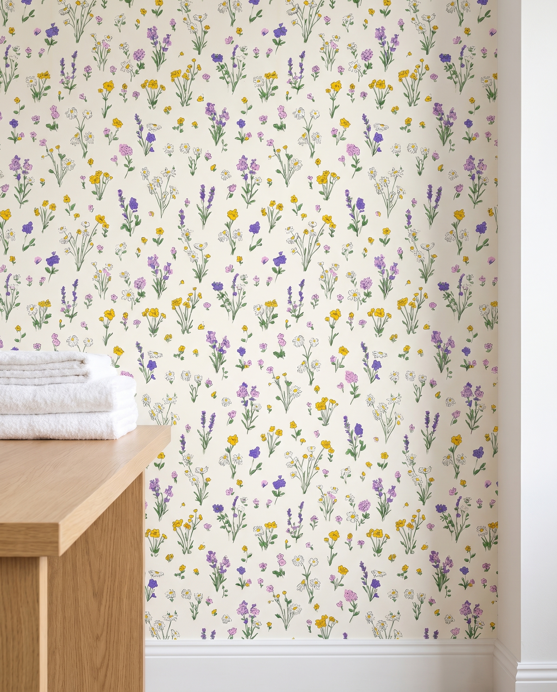 Hand-Drawn Wildflower Wallpaper in Purple and Yellow, Colorful Meadow Sketch Peel and Stick Wallpaper for Nursery or Kids Room Accent Wall