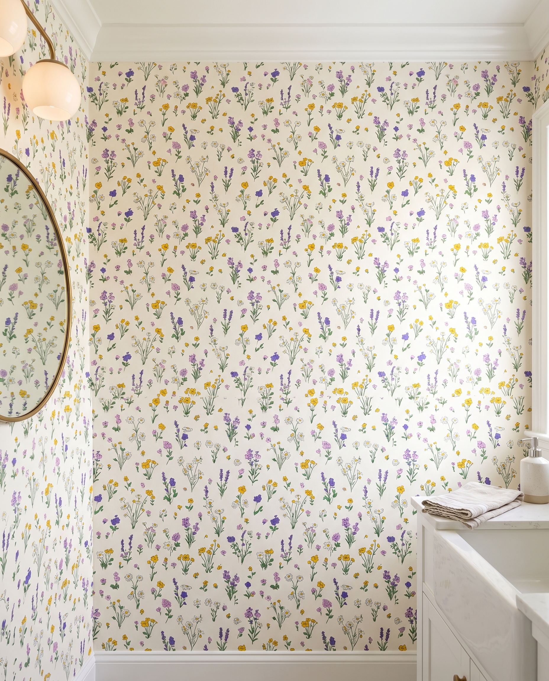 Hand-Drawn Wildflower Wallpaper in Purple and Yellow, Colorful Meadow Sketch Peel and Stick Wallpaper for Nursery or Kids Room Accent Wall