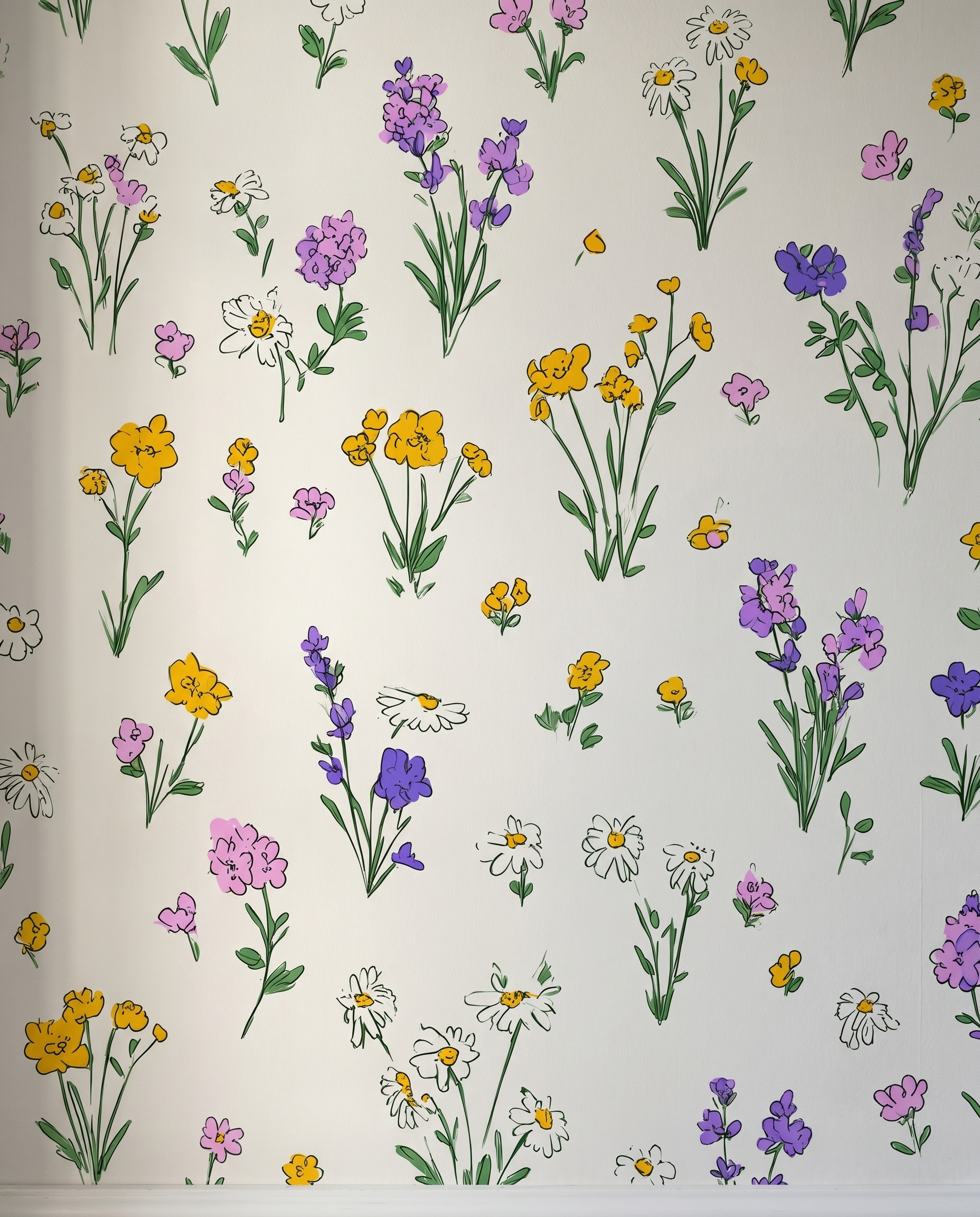 Hand-Drawn Wildflower Wallpaper in Purple and Yellow, Colorful Meadow Sketch Peel and Stick Wallpaper for Nursery or Kids Room Accent Wall