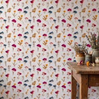 Pressed Wildflowers Vintage Botanical Wallpaper, Colorful Dried Flowers on Cream Paper, Removable Peel and Stick for Bedroom Accent Wall