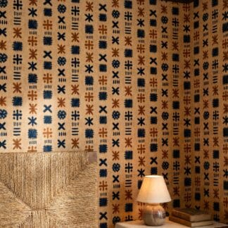 Tribal Mudcloth Pattern Wallpaper in Navy and Brown, Rustic Abstract Symbols, Removable Peel and Stick Wallpaper for a Bohemian Accent Wall