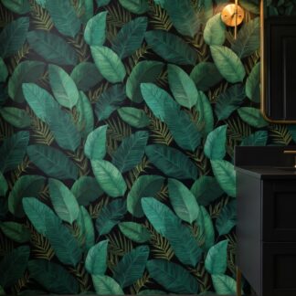 Dark Tropical Leaves Wallpaper, Emerald Green Jungle on Black Background, Peel and Stick Wallpaper, Removable Wall Mural for Bedroom Accent Wall