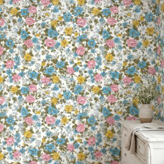Vintage Floral Wallpaper in Blue and Pink, Colorful Cottage Garden Peel and Stick Wallpaper for a Cheerful Bedroom or Nursery Accent Wall
