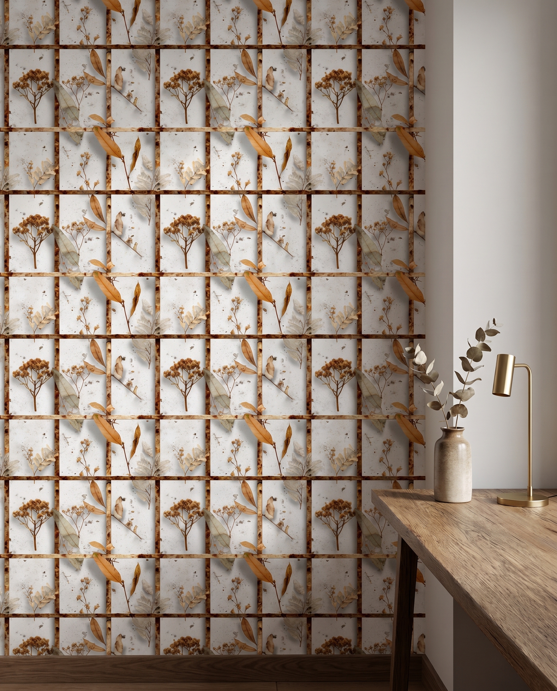 Rustic Grid Wallpaper with Dried Botanicals, Brown and White Naturalist Design, Peel and Stick Wallpaper, Removable Mural for Accent Wall
