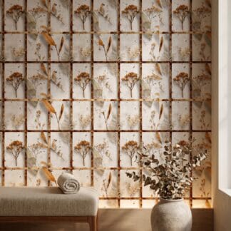 Rustic Grid Wallpaper with Dried Botanicals, Brown and White Naturalist Design, Peel and Stick Wallpaper, Removable Mural for Accent Wall