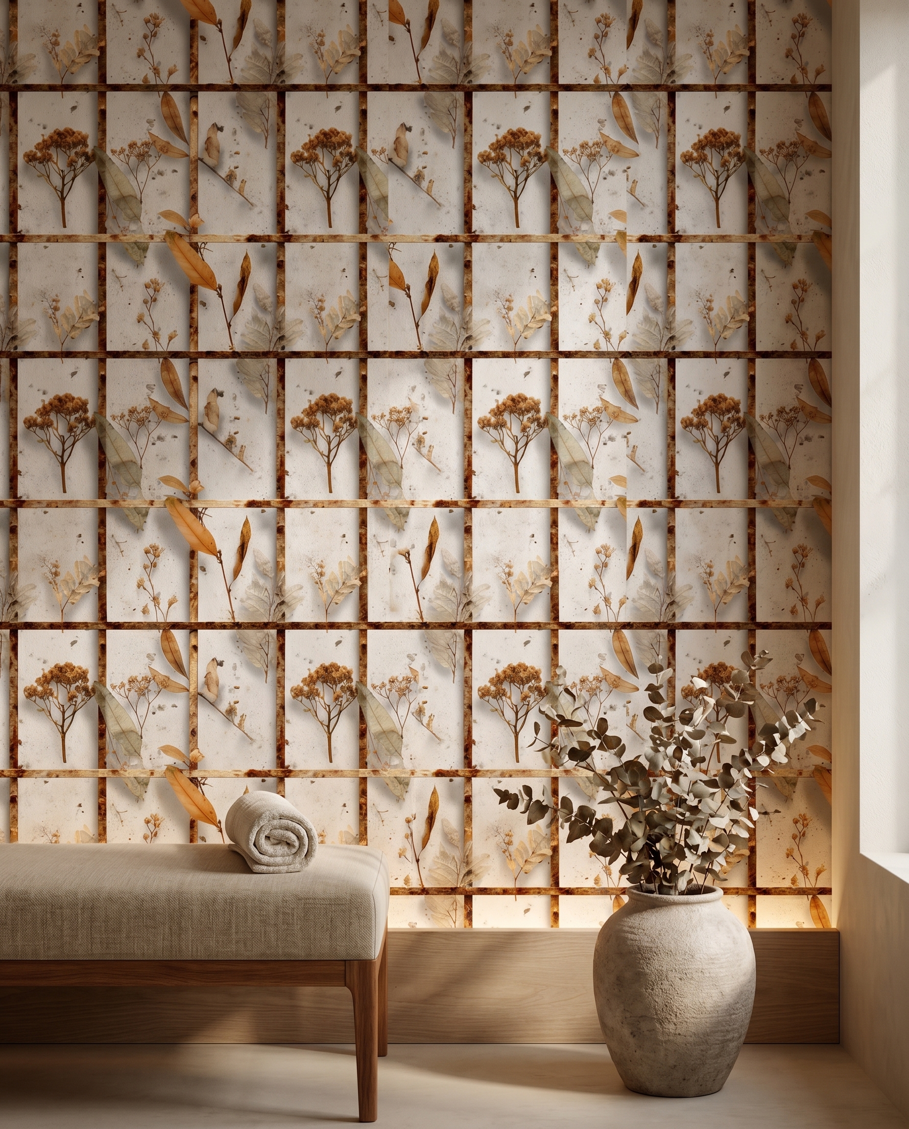 Rustic Grid Wallpaper with Dried Botanicals, Brown and White Naturalist Design, Peel and Stick Wallpaper, Removable Mural for Accent Wall
