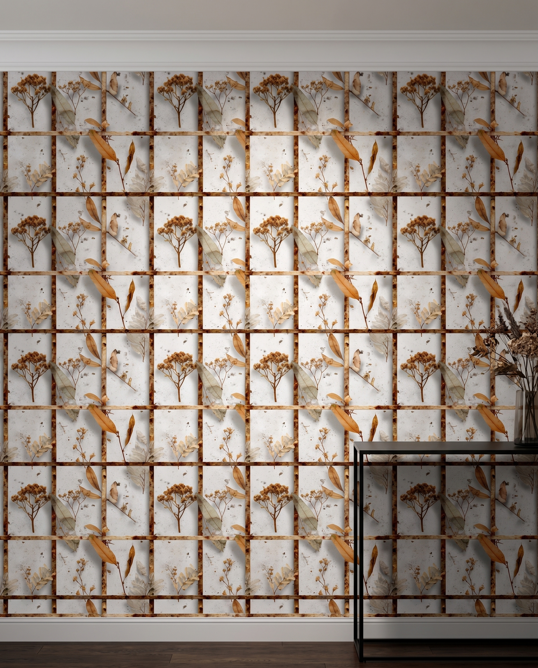 Rustic Grid Wallpaper with Dried Botanicals, Brown and White Naturalist Design, Peel and Stick Wallpaper, Removable Mural for Accent Wall