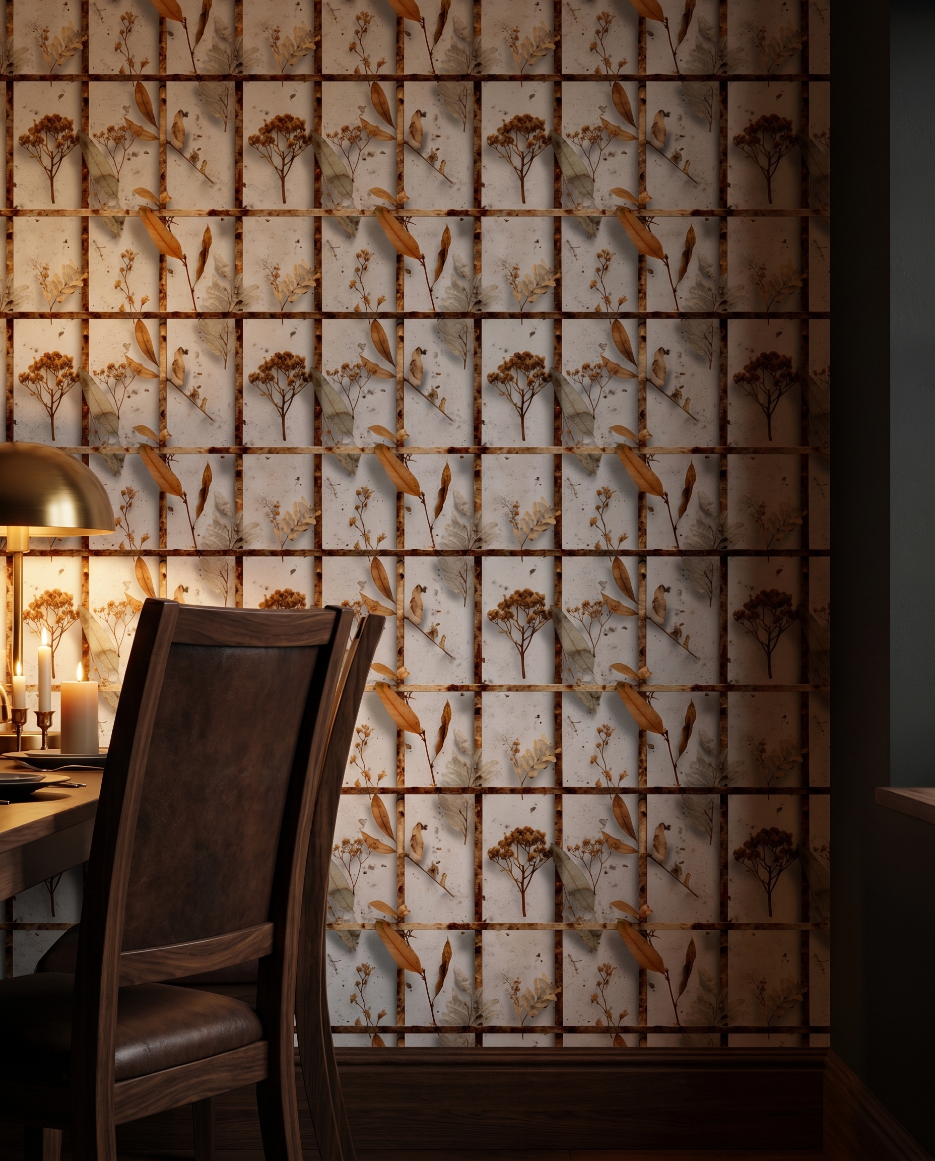 Rustic Grid Wallpaper with Dried Botanicals, Brown and White Naturalist Design, Peel and Stick Wallpaper, Removable Mural for Accent Wall