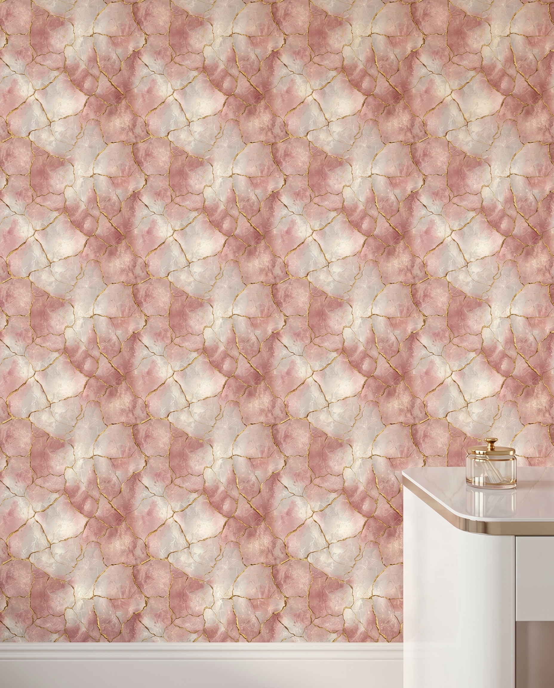 Kintsugi Marble Wallpaper in Rose Pink and Gold, Abstract Cracked Stone Wall Mural, Removable Peel and Stick for Bedroom Accent Wall