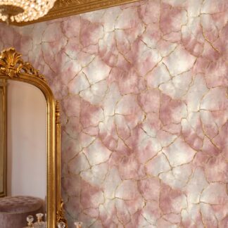Kintsugi Marble Wallpaper in Rose Pink and Gold, Abstract Cracked Stone Wall Mural, Removable Peel and Stick for Bedroom Accent Wall