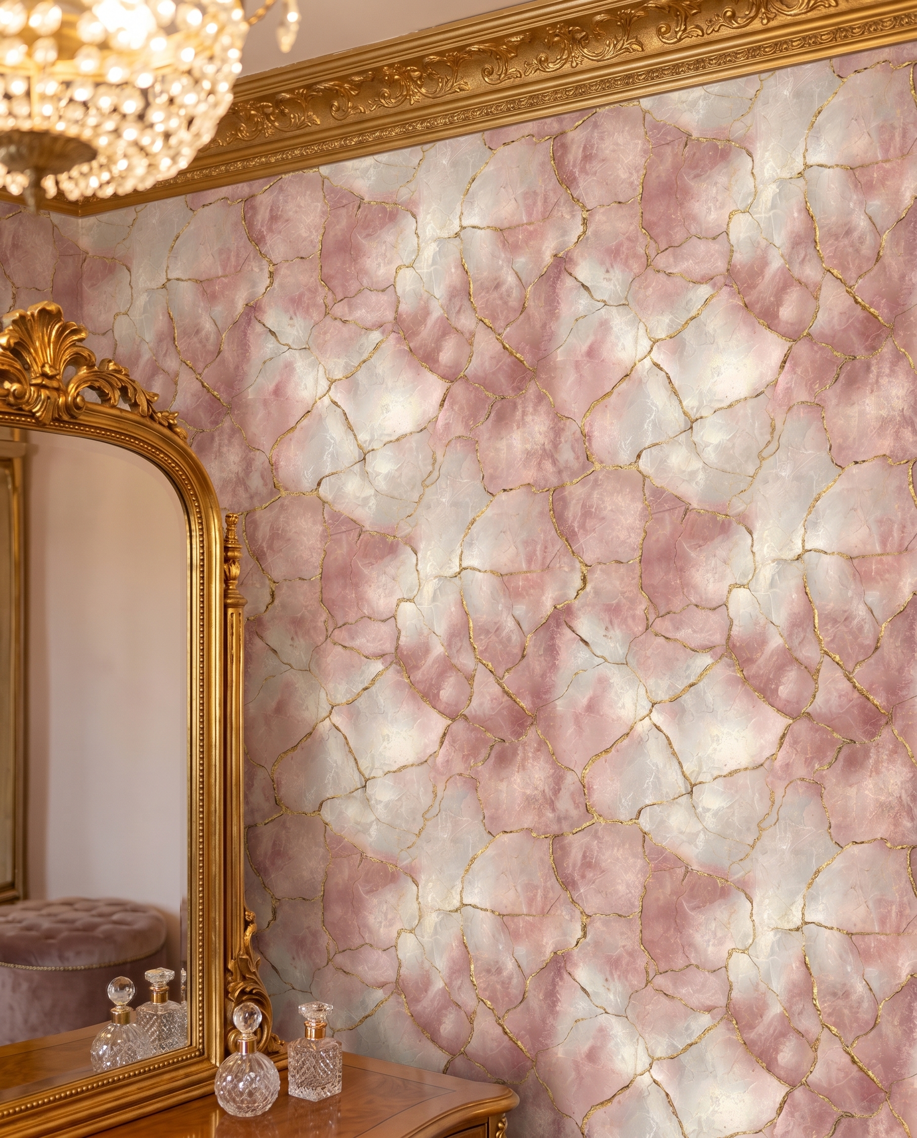 Kintsugi Marble Wallpaper in Rose Pink and Gold, Abstract Cracked Stone Wall Mural, Removable Peel and Stick for Bedroom Accent Wall