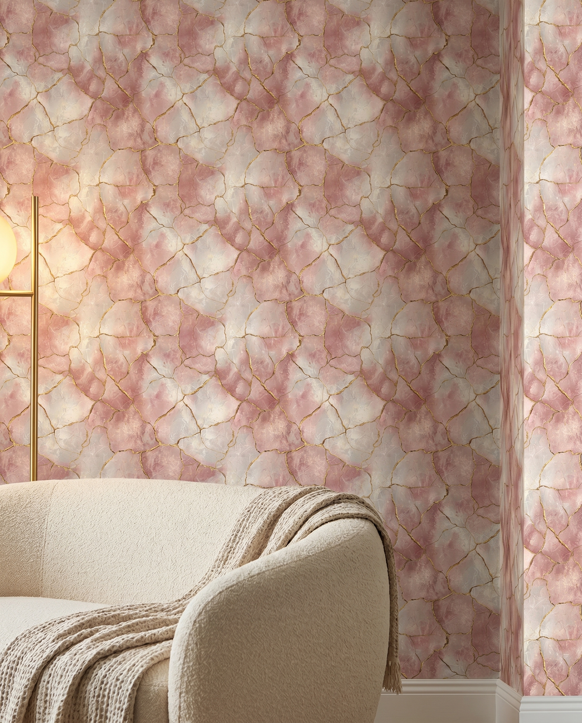 Kintsugi Marble Wallpaper in Rose Pink and Gold, Abstract Cracked Stone Wall Mural, Removable Peel and Stick for Bedroom Accent Wall