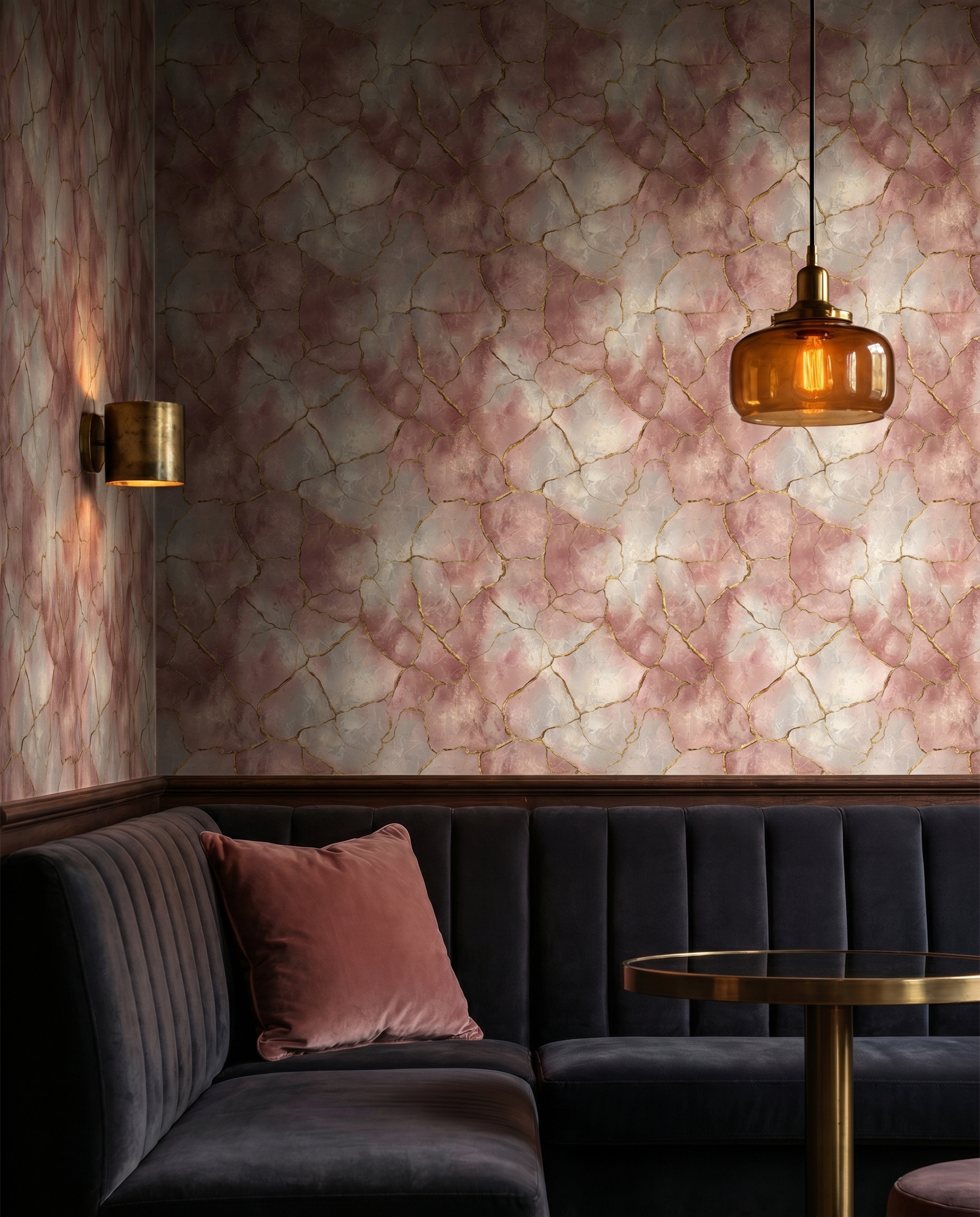 Kintsugi Marble Wallpaper in Rose Pink and Gold, Abstract Cracked Stone Wall Mural, Removable Peel and Stick for Bedroom Accent Wall