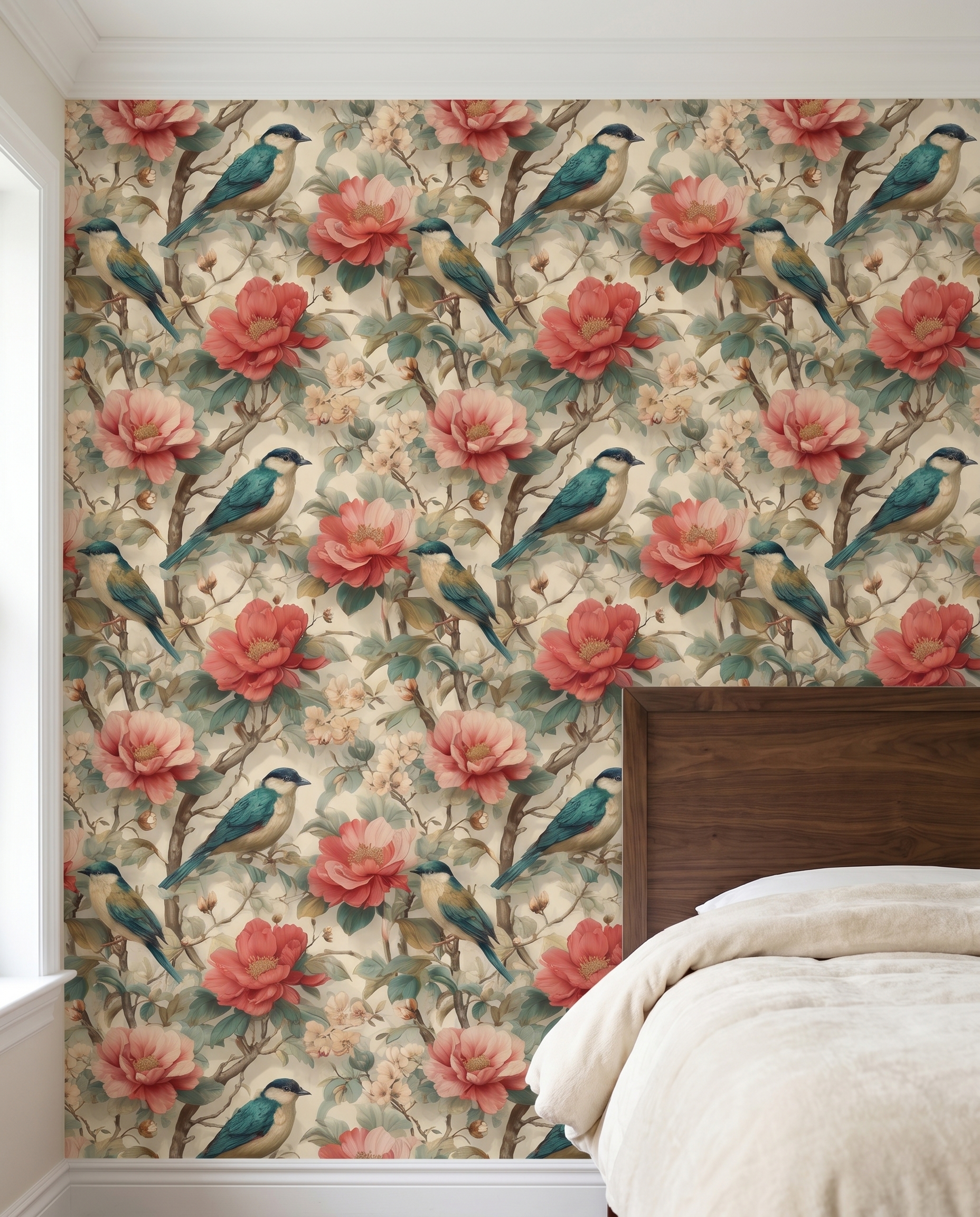 Chinoiserie Birds and Peonies Wallpaper, Vintage Floral Wall Mural in Pink and Teal, Removable Peel and Stick Wallpaper for Bedroom Accent Wall