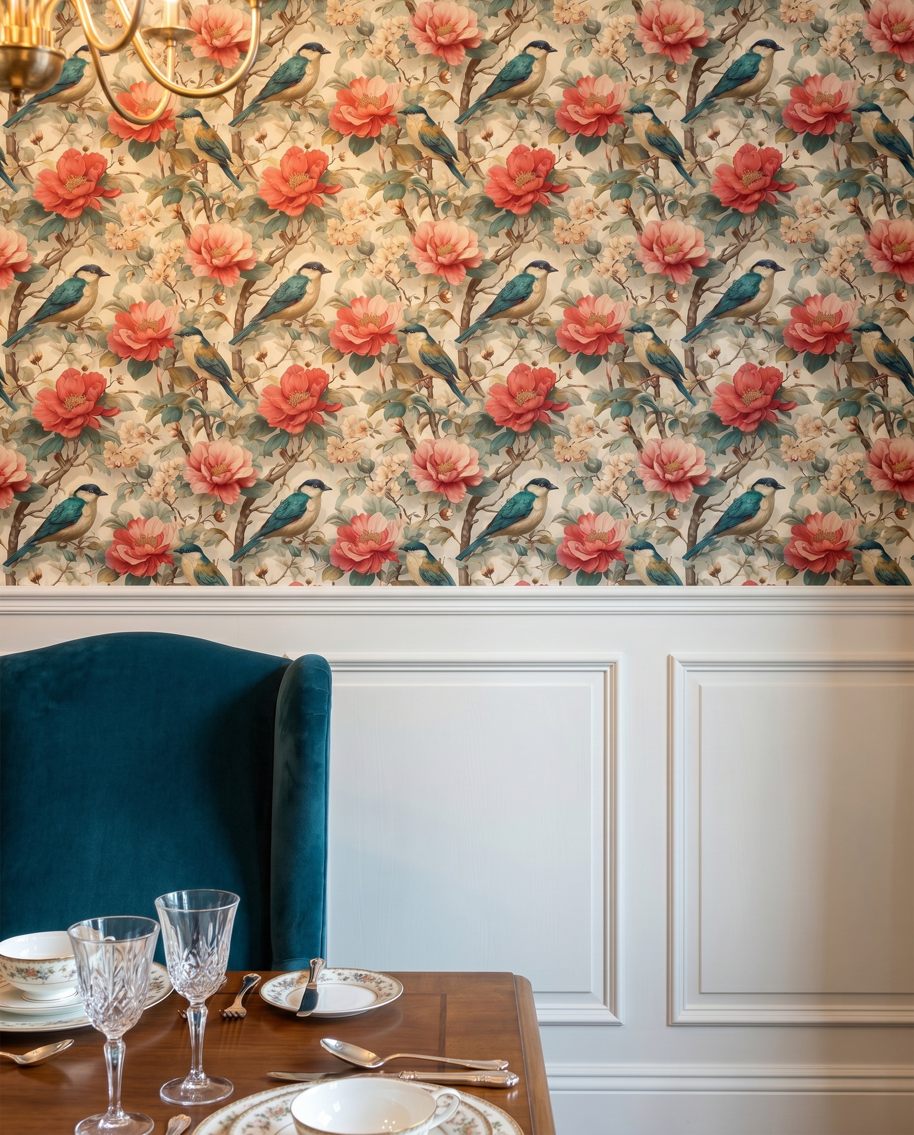 Chinoiserie Birds and Peonies Wallpaper, Vintage Floral Wall Mural in Pink and Teal, Removable Peel and Stick Wallpaper for Bedroom Accent Wall