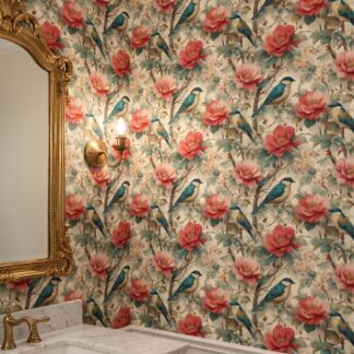 Chinoiserie Birds and Peonies Wallpaper, Vintage Floral Wall Mural in Pink and Teal, Removable Peel and Stick Wallpaper for Bedroom Accent Wall