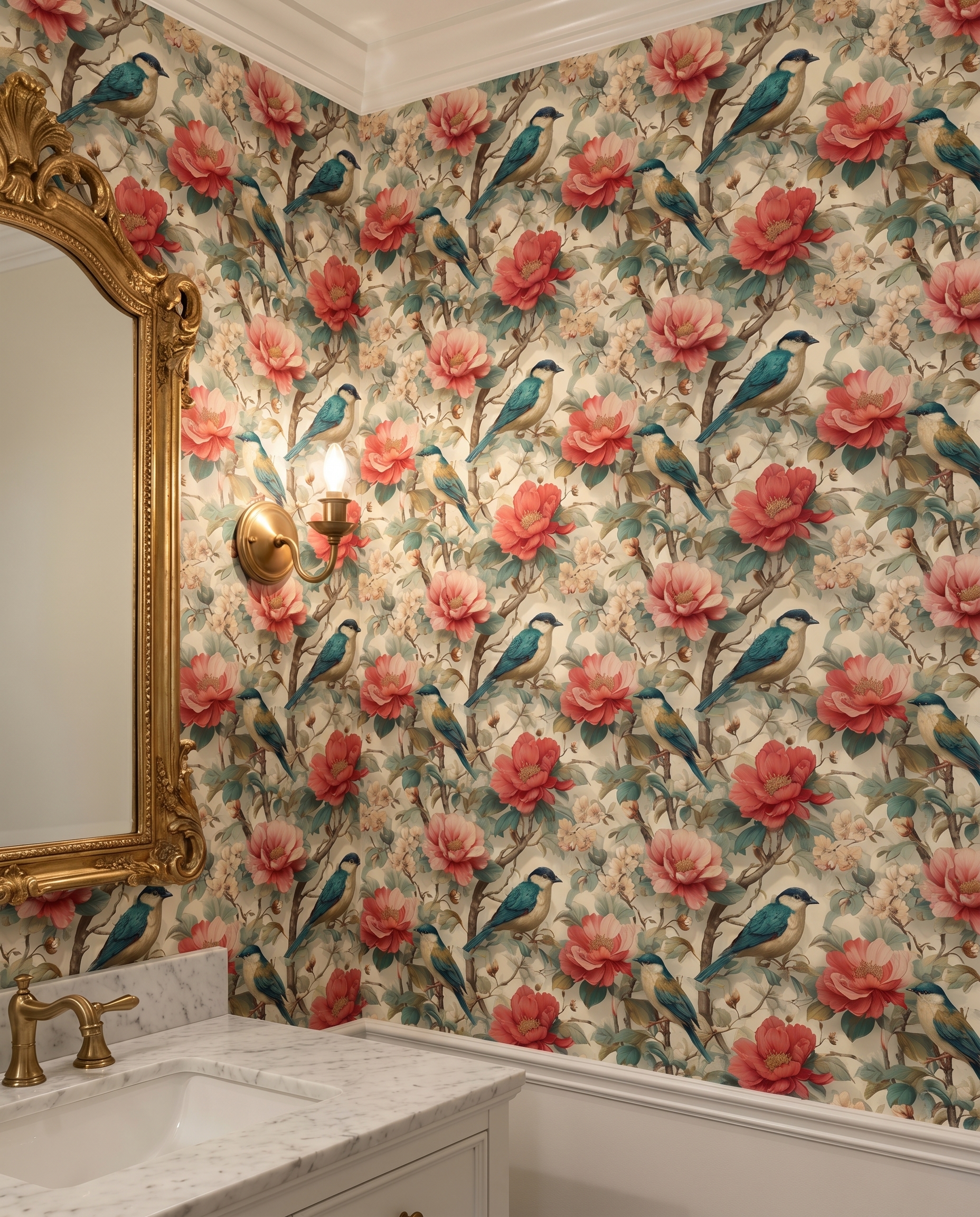 Chinoiserie Birds and Peonies Wallpaper, Vintage Floral Wall Mural in Pink and Teal, Removable Peel and Stick Wallpaper for Bedroom Accent Wall