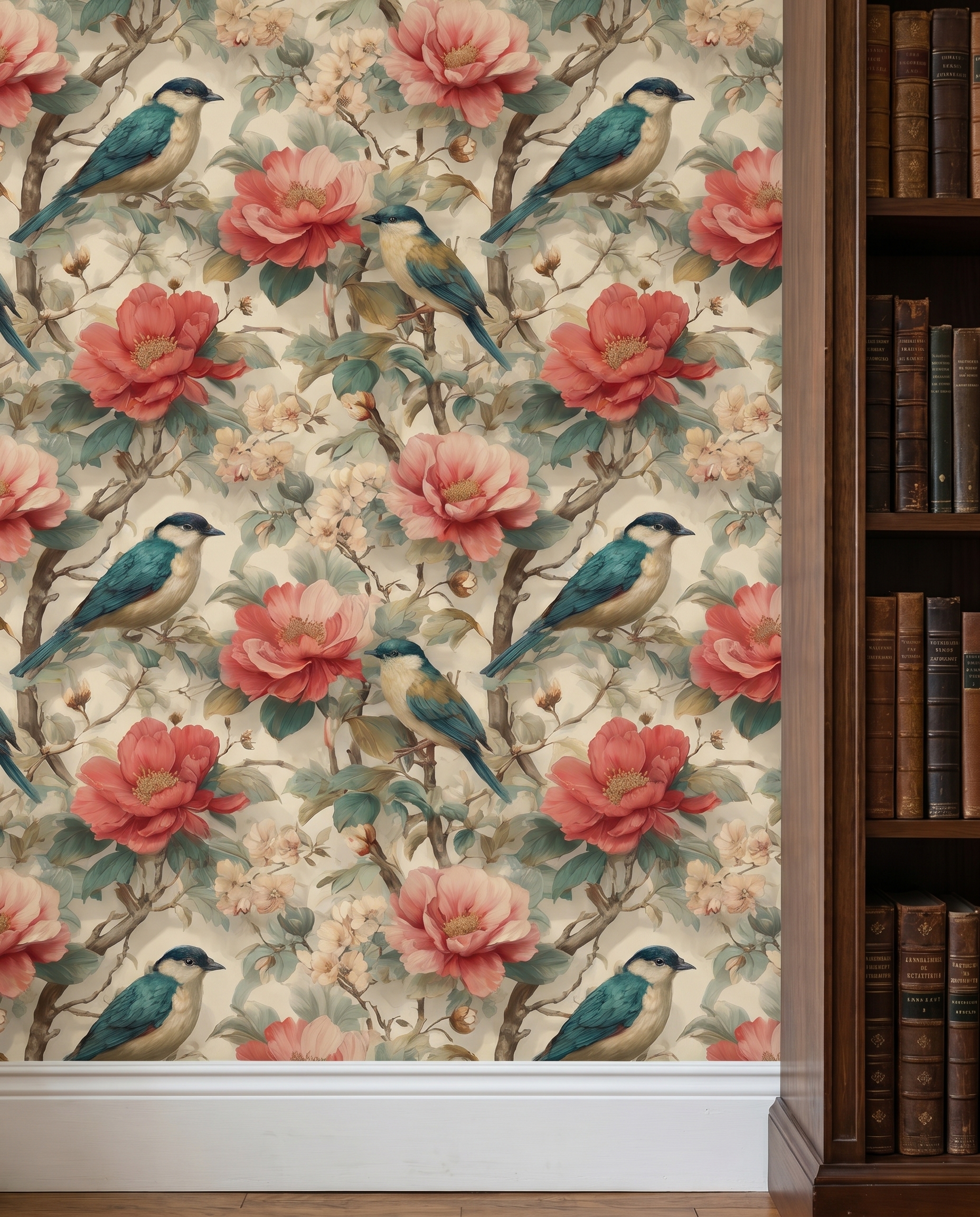Chinoiserie Birds and Peonies Wallpaper, Vintage Floral Wall Mural in Pink and Teal, Removable Peel and Stick Wallpaper for Bedroom Accent Wall