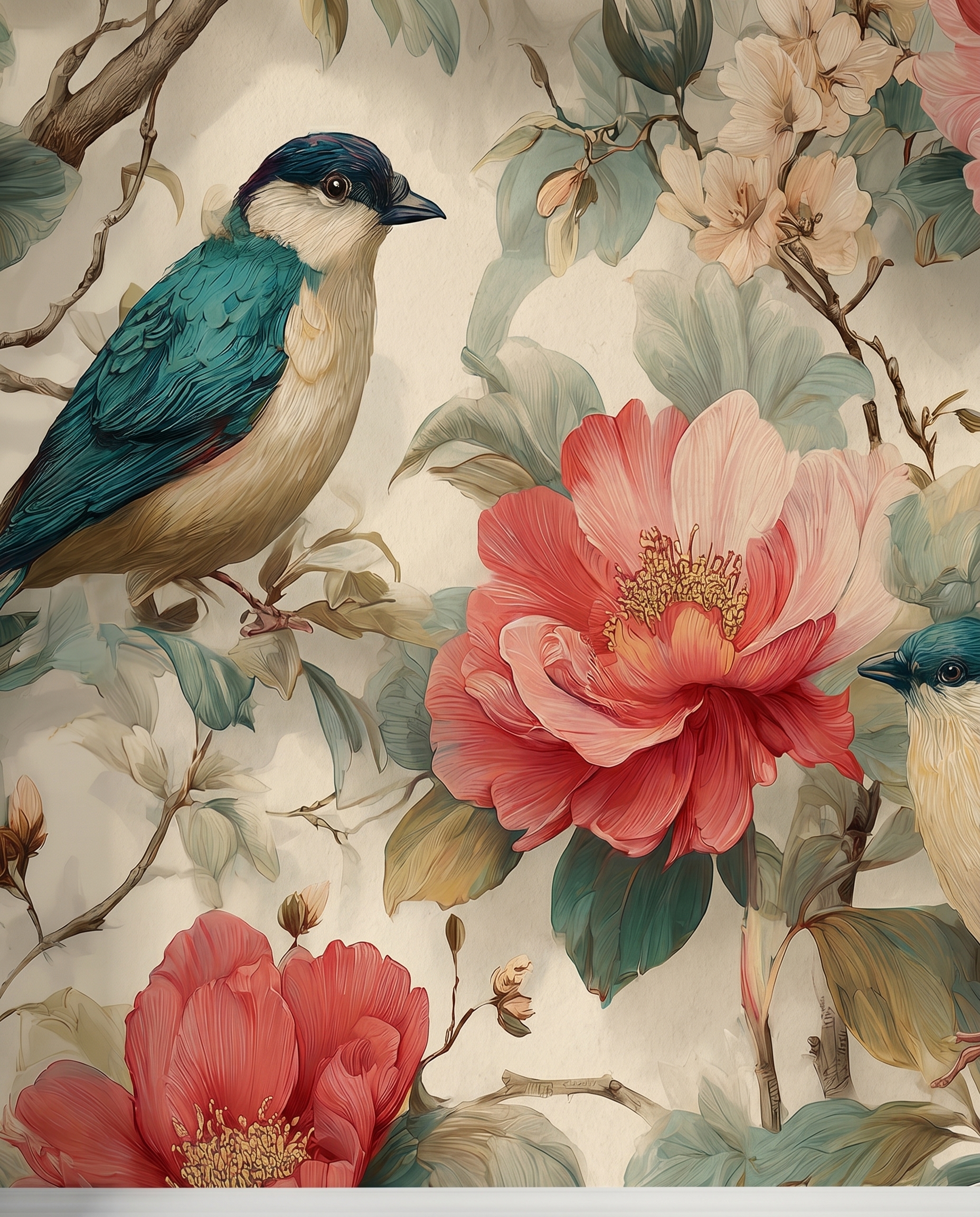 Chinoiserie Birds and Peonies Wallpaper, Vintage Floral Wall Mural in Pink and Teal, Removable Peel and Stick Wallpaper for Bedroom Accent Wall