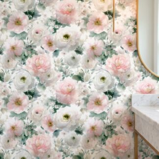 Watercolor Floral Wallpaper in Blush Pink and Sage, Romantic Ranunculus Wall Mural, Peel and Stick Wallpaper for a Nursery Accent Wall