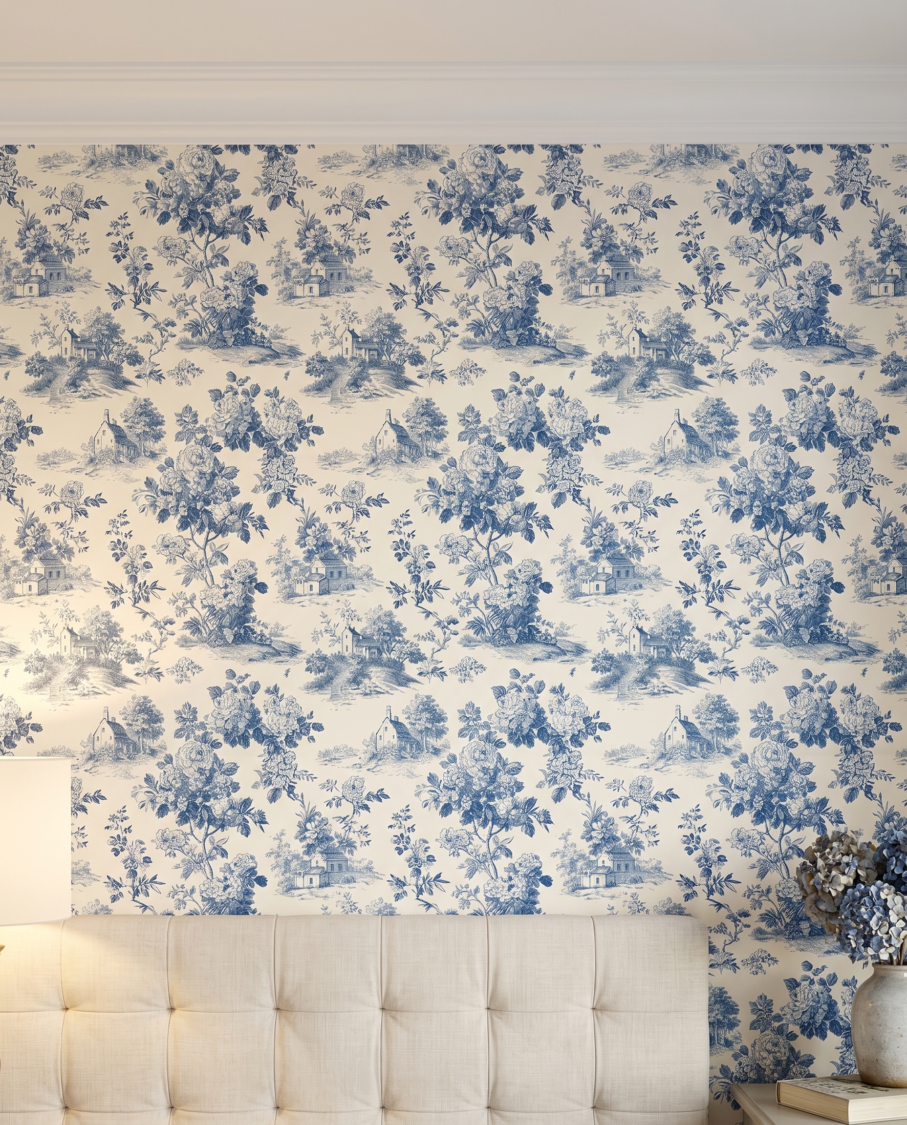 Vintage Toile de Jouy Wallpaper in Blue and Cream, French Country Pastoral Scene, Removable Peel and Stick Wallpaper for Bedroom, Accent Wall