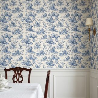 Vintage Toile de Jouy Wallpaper in Blue and Cream, French Country Pastoral Scene, Removable Peel and Stick Wallpaper for Bedroom, Accent Wall