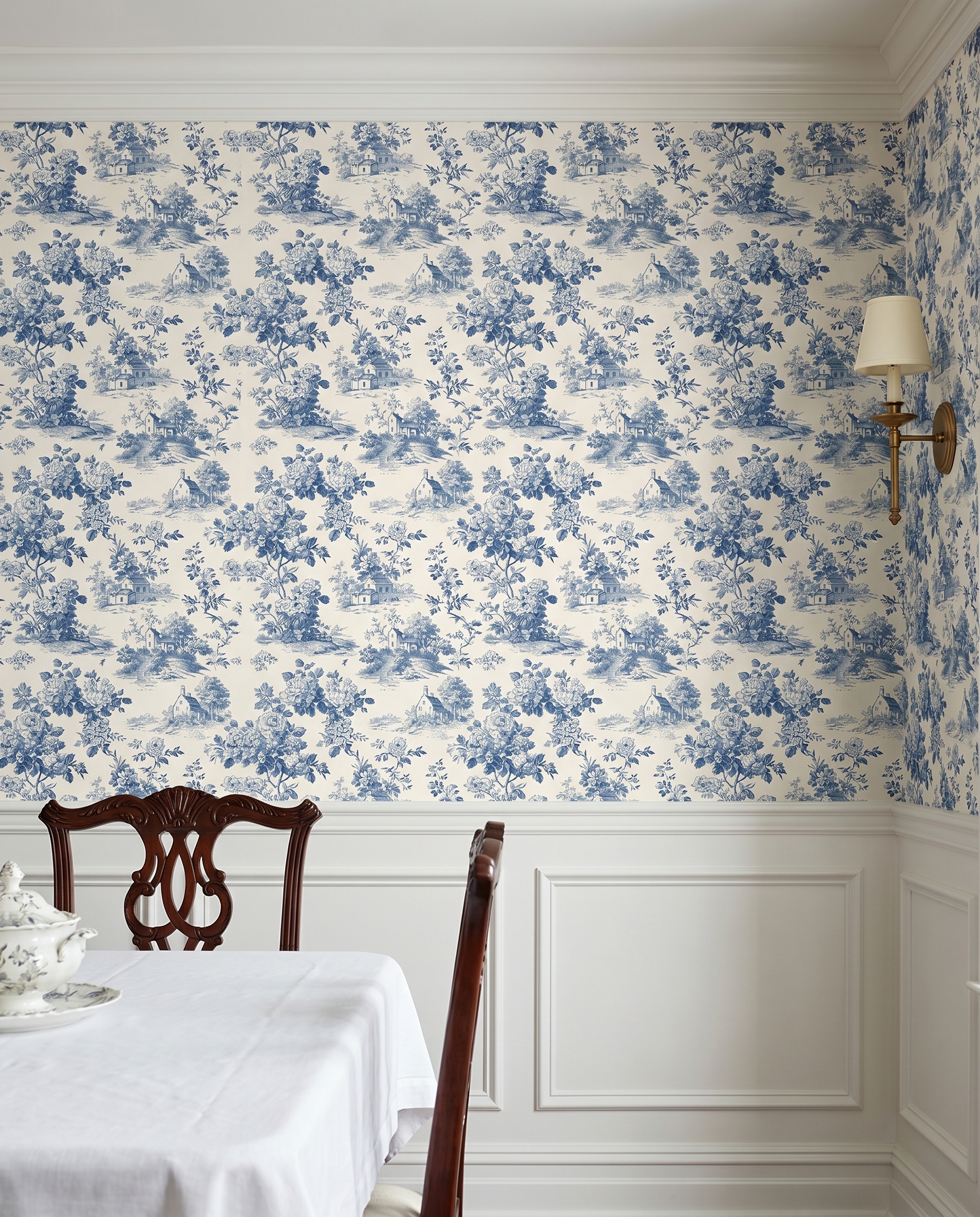 Vintage Toile de Jouy Wallpaper in Blue and Cream, French Country Pastoral Scene, Removable Peel and Stick Wallpaper for Bedroom, Accent Wall