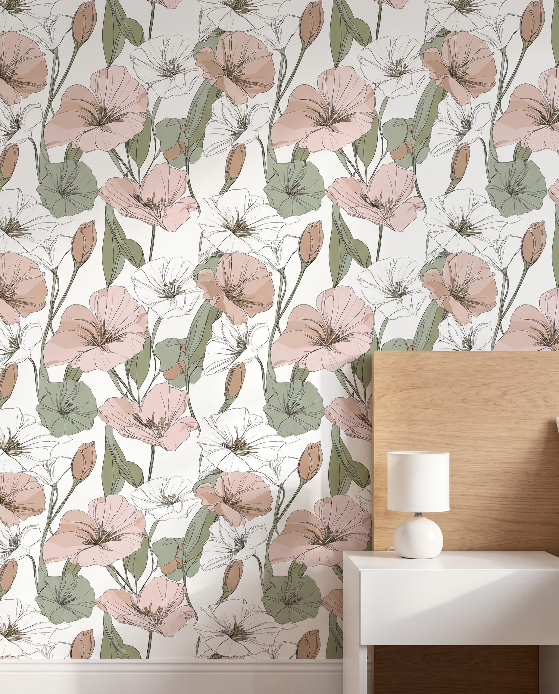 Blush Pink Floral Line Art Wallpaper, Contemporary Botanical Sketch, Removable Peel and Stick Wall Mural for a Bedroom Accent Wall