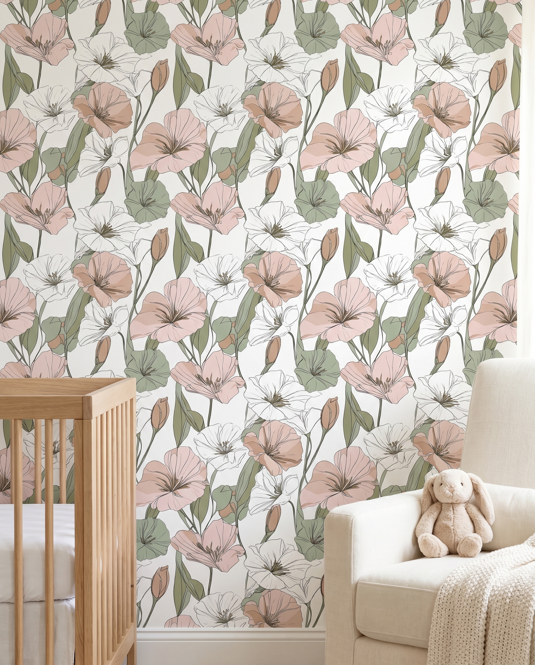 Blush Pink Floral Line Art Wallpaper, Contemporary Botanical Sketch, Removable Peel and Stick Wall Mural for a Bedroom Accent Wall