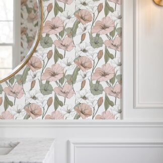 Blush Pink Floral Line Art Wallpaper, Contemporary Botanical Sketch, Removable Peel and Stick Wall Mural for a Bedroom Accent Wall