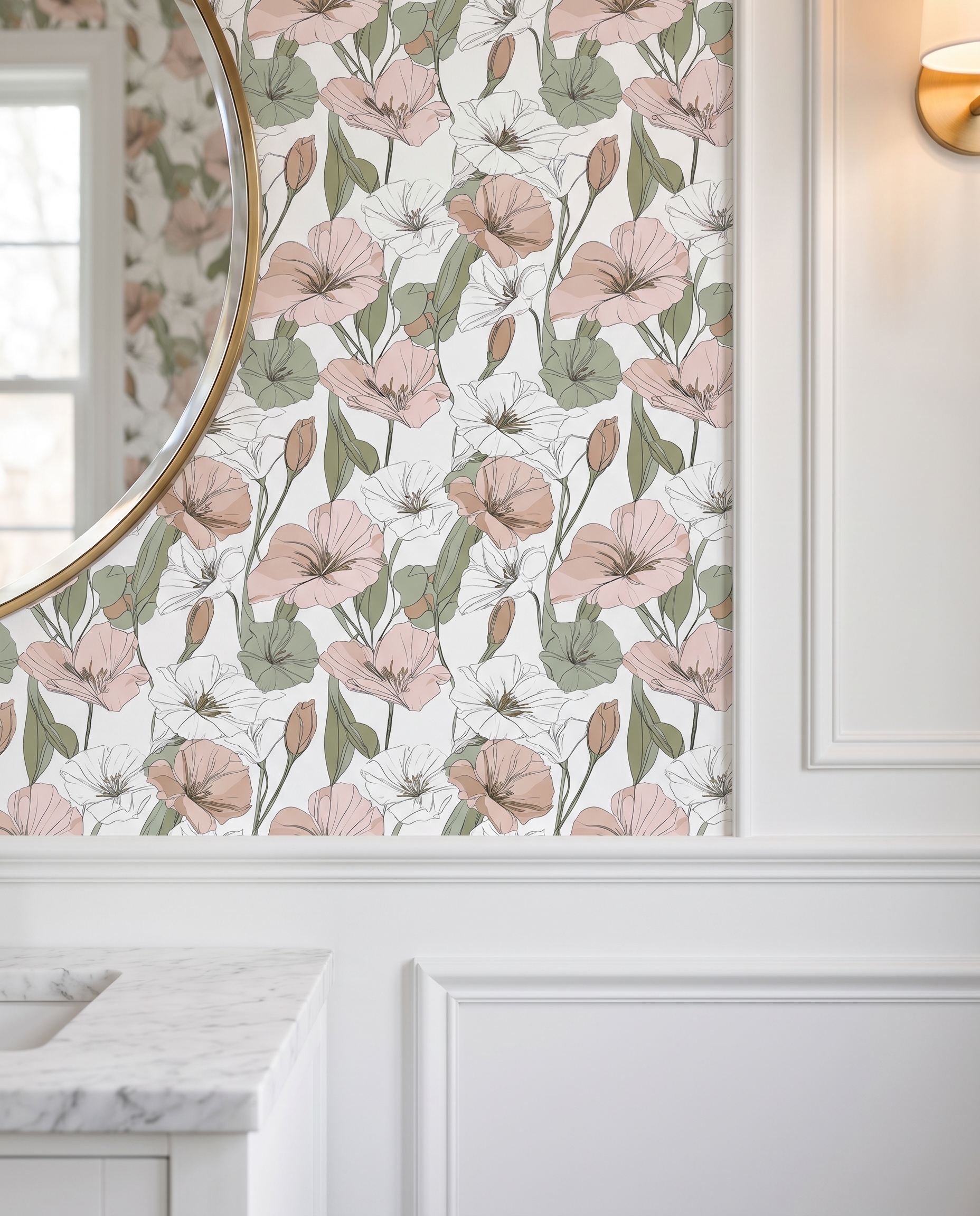 Blush Pink Floral Line Art Wallpaper, Contemporary Botanical Sketch, Removable Peel and Stick Wall Mural for a Bedroom Accent Wall