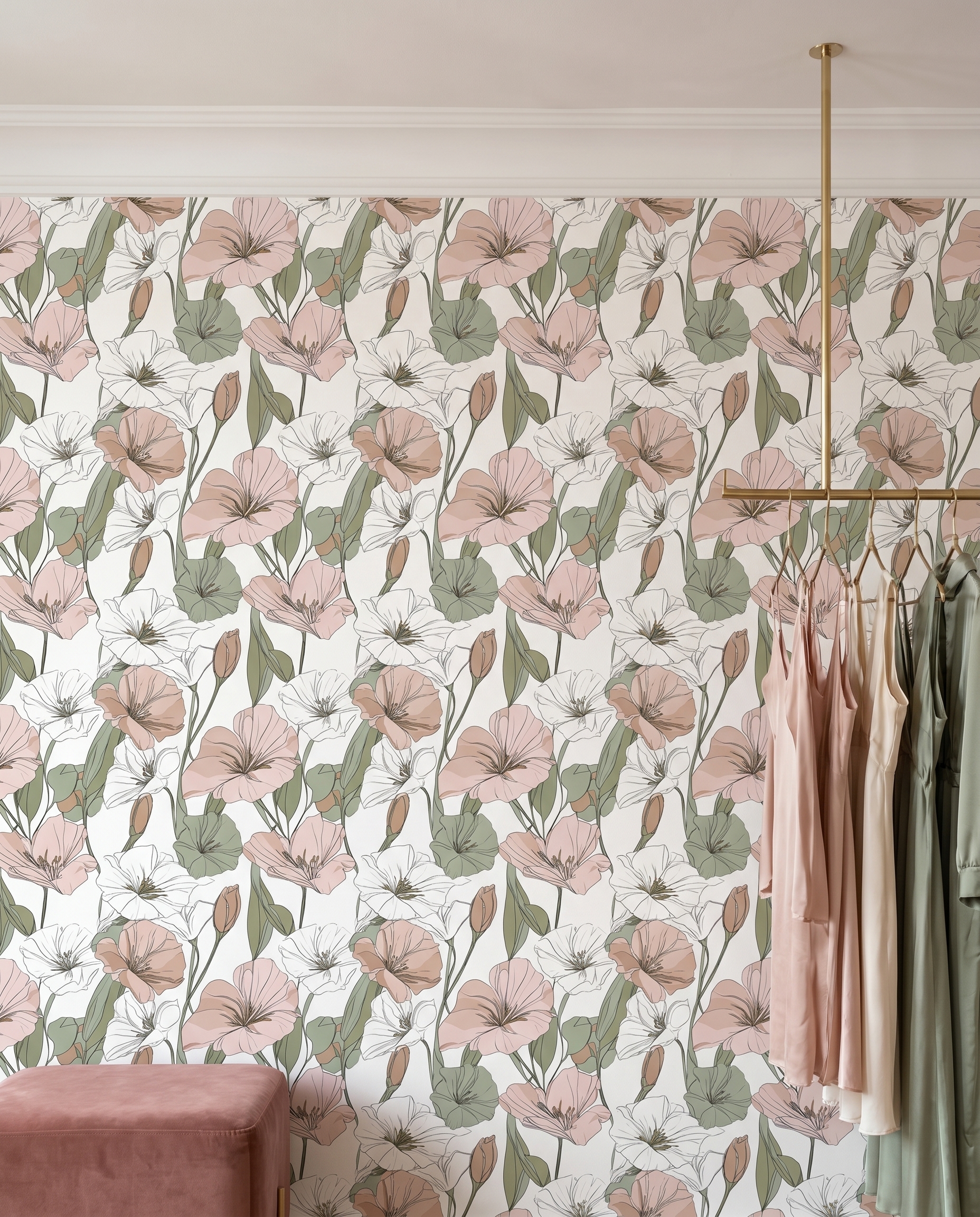 Blush Pink Floral Line Art Wallpaper, Contemporary Botanical Sketch, Removable Peel and Stick Wall Mural for a Bedroom Accent Wall
