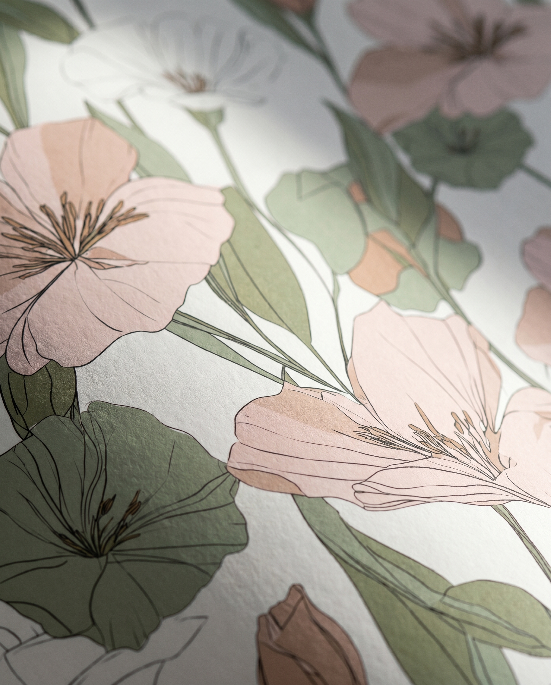Blush Pink Floral Line Art Wallpaper, Contemporary Botanical Sketch, Removable Peel and Stick Wall Mural for a Bedroom Accent Wall
