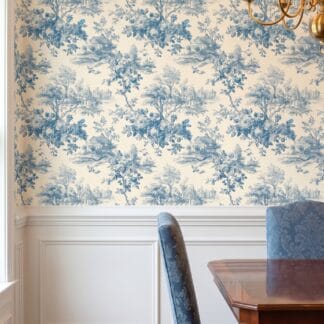 Blue Toile Wallpaper with French Country Scenes, Vintage Floral Peel and Stick Wallpaper for a Classic Bedroom or Powder Room Accent Wall