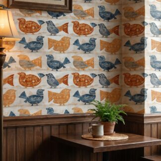 Folk Art Bird Block Print Wallpaper in Navy and Terracotta, Removable Peel and Stick Wallpaper for a Rustic Nursery or Bedroom Accent Wall