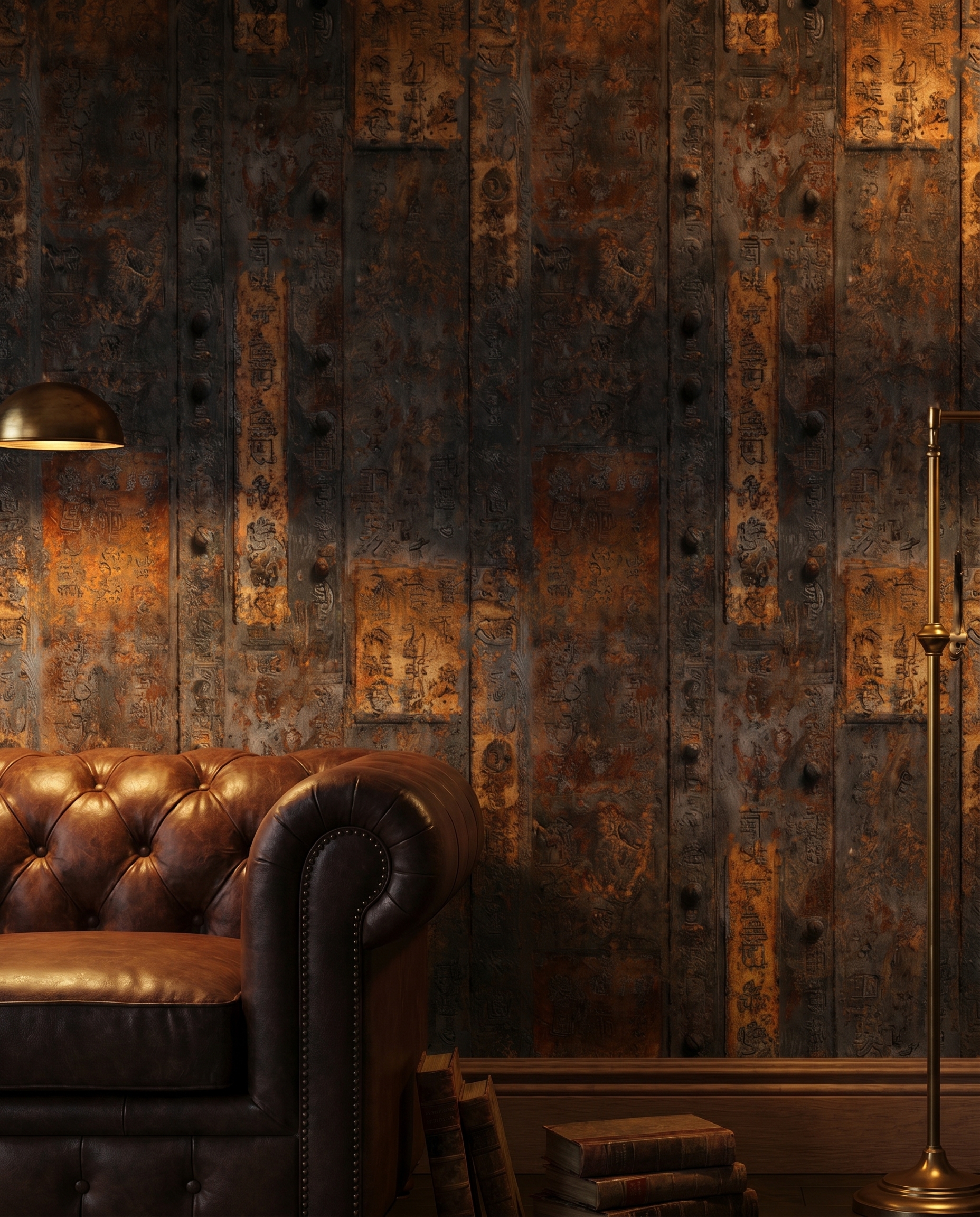Ancient Script on Rusted Metal Plate Wallpaper, Industrial Brown and Grey Faux Effect Wall Mural, Removable Peel and Stick for an Accent Wall