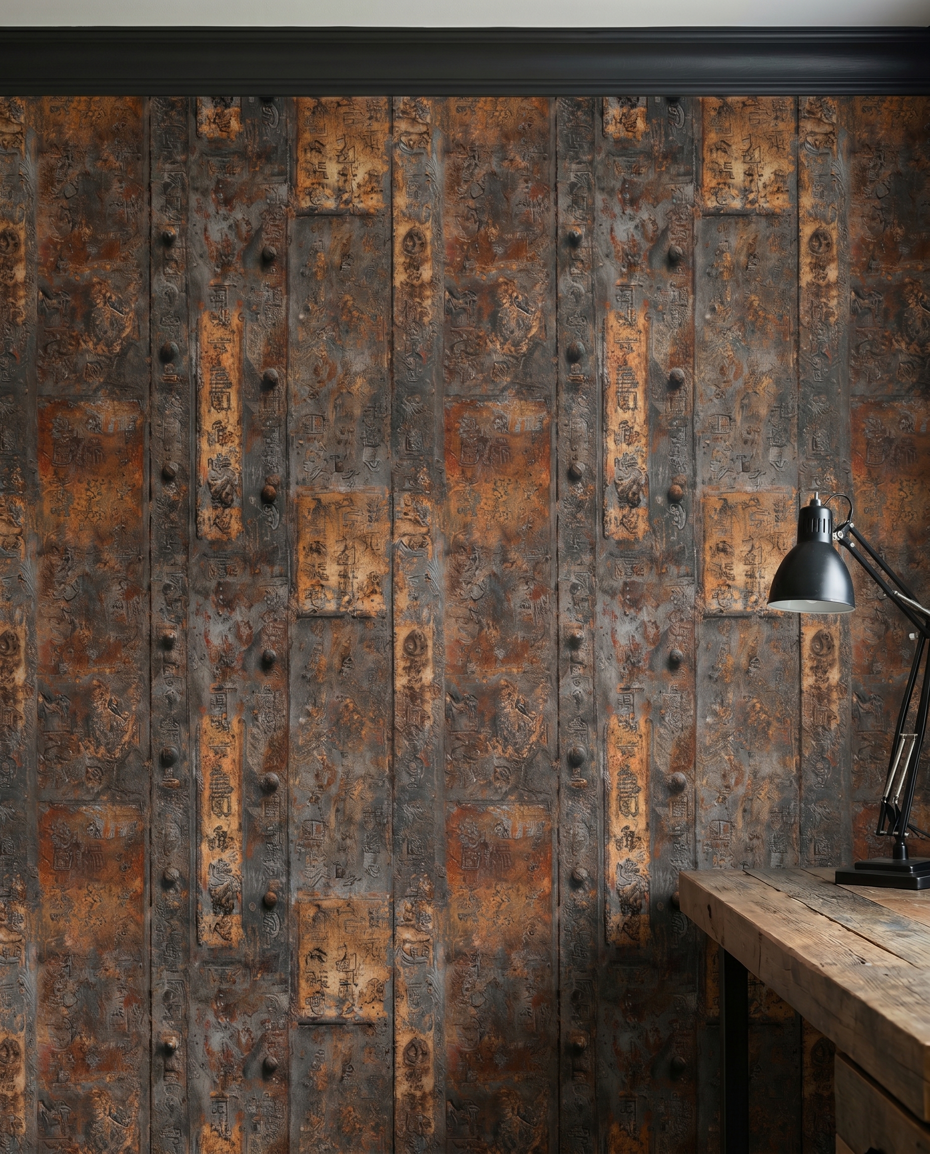 Ancient Script on Rusted Metal Plate Wallpaper, Industrial Brown and Grey Faux Effect Wall Mural, Removable Peel and Stick for an Accent Wall